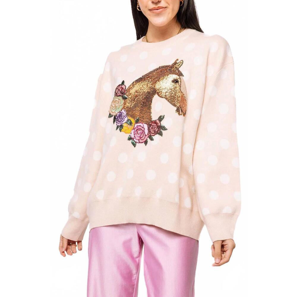 NEW QUEEN OF SPARKLES polka dot horse & rose wreath sweater in pink - Picture 1 of 9
